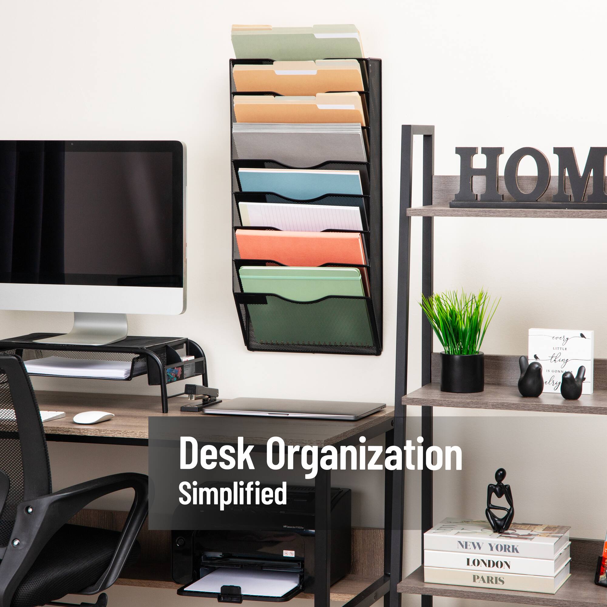 Mind Reader Wall File Organizer, 8 Pocket Hanging Document Rack, Office Wall Mount, Metal Mesh